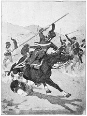 French lancer gendarme from 1810 in battle with Spanish guerrillas. Illustration of the 19th...