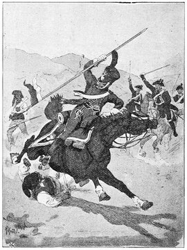 French lancer gendarme from 1810 in battle with Spanish guerrillas. Illustration of the 19th century. Germany. White background.