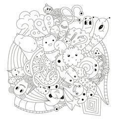 Creative cartoon vector doodles hand drawn sketch background. Coloring page, book. 