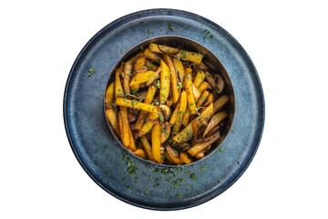 French fries, sprinkled with herbs, in a metal cup on a white isolated background. Top view.
