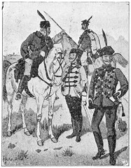 Fototapeta na wymiar Austro-Hungarian cavalry (1862). Illustration of the 19th century. Germany. White background.