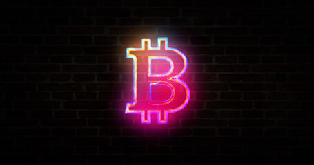 Bitcoin money symbol neon on brick wall illustration