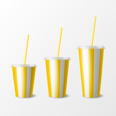 Vector 3d Realistic Yellow Striped Paper Disposable Cup Set, Lid, Straw. Beverage, Drinks, Coffee, Soda, Tea, Cocktail, Milkshake. Design Template of Packaging for Mockup. Front View, Isolated