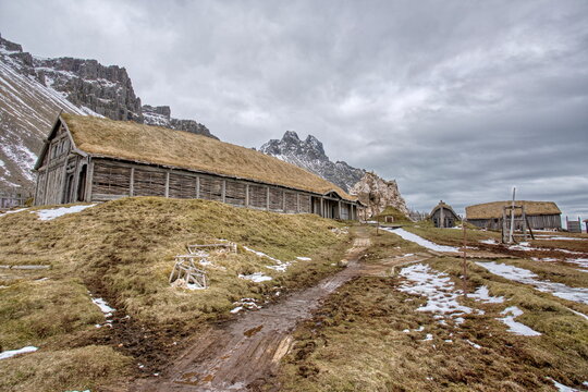Viking Village Prop For Movie, Hofn/Iceland; Apr. 14, 2017. Photographs of an 11-day 4x4 trip through Iceland. Day 4. From Höfn to Reyðarfjörður.  Stokknes iconic place.