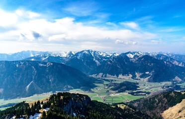 Fototapeta na wymiar Panorama view from Wendelstein mountain by Bayrischzell on bavarian alps. Bayern (Bavaria), Germany