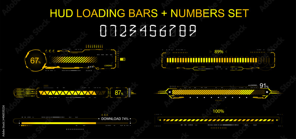 Poster HUD progress loading bars collection. Futuristic progress lines - download, upload, time line, loading for GUI, UI, App, web design and other. Abstract futuristic interface collection HUD. Vector set
