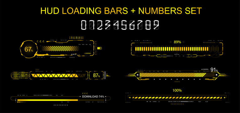 HUD progress loading bars collection. Futuristic progress lines - download, upload, time line, loading for GUI, UI, App, web design and other. Abstract futuristic interface collection HUD. Vector set