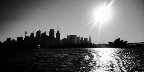 city skyline at sunset