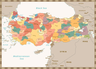 Old retro color map of Turkey