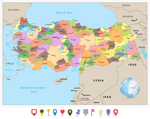 Turkey detailed administrative map and flat icon set