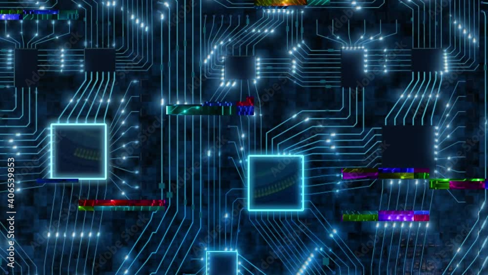 Aufkleber sci-fi digital blue background, printed circuit board with chips and electronic signals 3d render bi