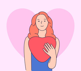 Love, valentines day concept. Happy, elegant woman girl looking away while holding heart-shaped balloon Modern line style illustration