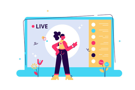 Live streaming event, young female character performing in front