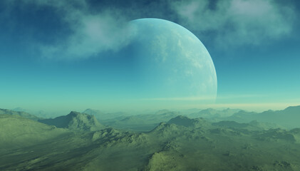 3d rendered Space Art: Alien Planets - A Fantasy Landscape with blue skies and clouds