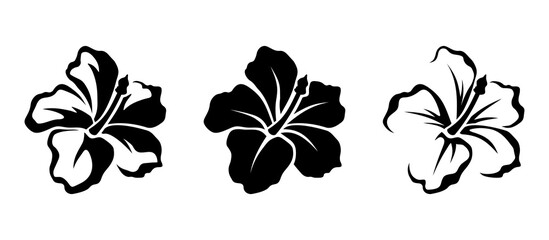 Vector set of black silhouettes of tropical hibiscus flowers isolated on a white background. - obrazy, fototapety, plakaty