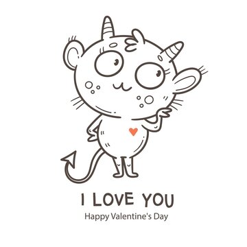 Valentine's day card with cute cartoon imp. Greeting print with doodle funny animal. Line art poster for children. Vector holiday illustration.