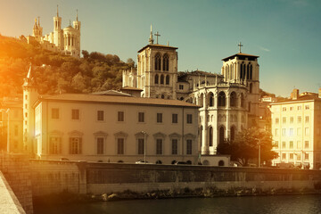 Fototapeta na wymiar French town Lyon at riverside Saone in France, view with buildings and river