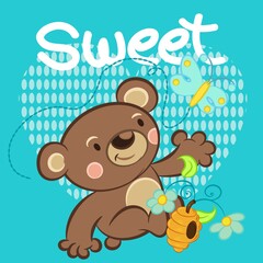 Illustration vector cute bear with honey and text for fashion design or other products