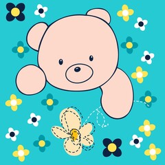 Illustration vector cute teddy bear with flowers and text for fashion design or other products.