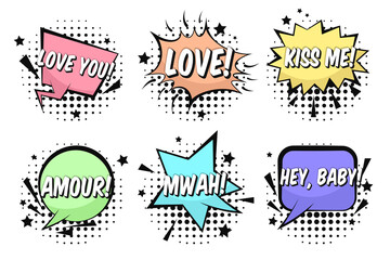 Bright St. Valentines retro comic speech bubbles set with LOVE, KISS ME, MWAH, AMOUR words. Black outline balloons with halftone shadow in pop art style for lovely advertisement, comics book