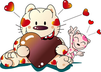 バレンタインデーでハートのチョコを嬉しそうに食べる猫