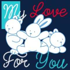 Illustration vector cute friends, bear, rabbit with text and background for fashion design