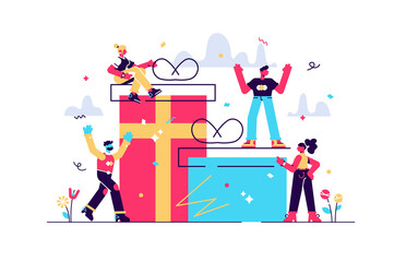 vector illustration of joyful people, employee receives a gift, online reward