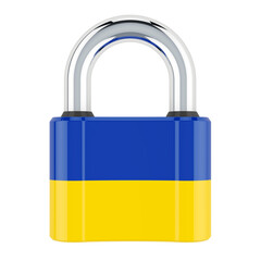 Padlock with Ukrainian flag, 3D rendering