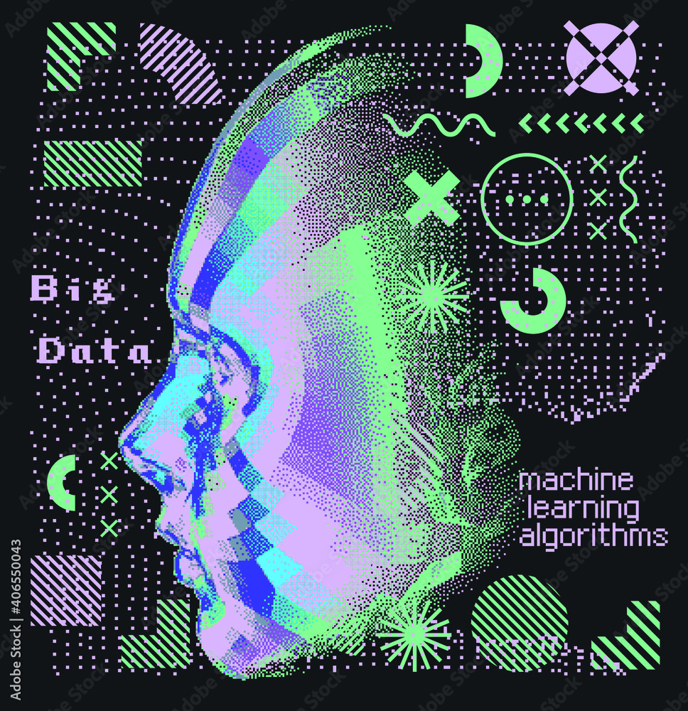 Poster Abstract technology background with 3d face mask made of particles. Conceptual illustration of Artificial intelligence.