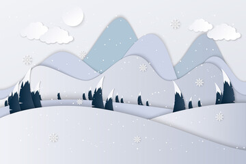 Merry Christmas greeting card design with country landscape in flat modern style