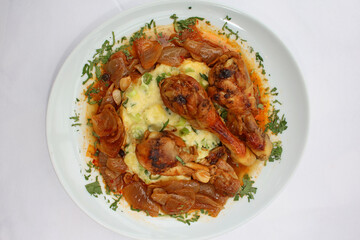 Chicken legs close up braised with butcher's onions served with mashed herb potatoes greek cuisine modern high quality prints