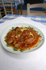 Chicken legs close up braised with butcher's onions served with mashed herb potatoes greek cuisine modern high quality prints