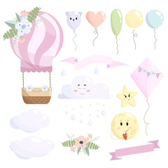 Adorable kid set of vector illustration: hot air balloon with clouds, balloons, moon, star, kite, flower composition and ribbon and raindrops.