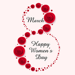 Happy women's day layout design with roses, frame, dotted background. Best cute feminine design for menu, flyer, card, invitation.