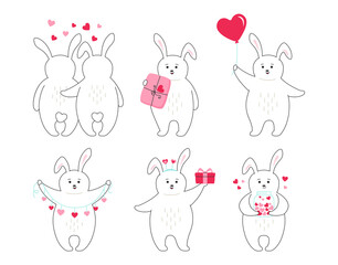 Valentines Day rabbit cartoon set. Character animal for greeting card with animal rabbit hug and love. Draw doodle romantic pastel color, cute rabbits. Vector illustration about love, hearts