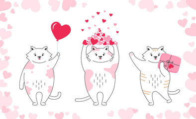 Cat cartoon set for greeting card Valentines Day. Hand drawn doodle funny kitten character with hearts, balloon, gift and parcel. Romantic banner cute white kitty. Print love vector illustration