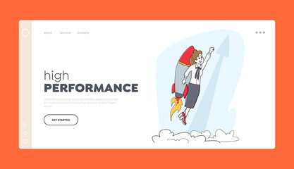 Working Success, Startup Landing Page Template. Business Woman or Manager Fly on Jetpack to Goal Achievement