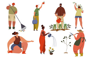 Illustrations of male and female activities which are separated; watering, pruning, fruit picking.