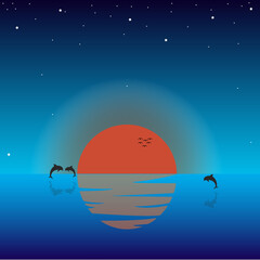 Dolphin dance in beautiful sunset