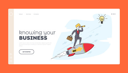 Career Vision, Aim Achievement Landing Page Template. Business Woman Character with Briefcase and Spyglass Fly on Rocket
