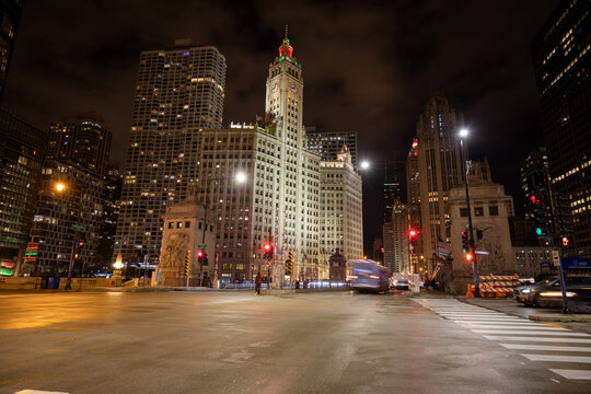 Chicago, Illinois, USA - December 23 2020: DuSable Bridge at night. Downtown Chicago.