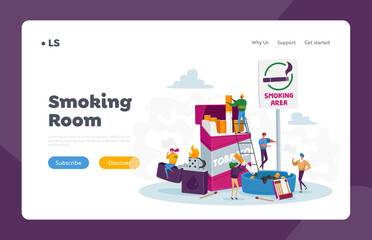 Fototapeta na wymiar Smokers in Smoking Area Landing Page Template. Tiny People Smoke near Huge Cigarettes Box and Lighter in Public Place