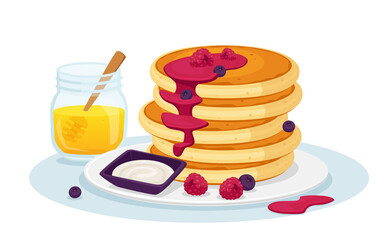 Stack of Fresh Hot Pancakes with Honey and Sweet Syrup Decorated with Fresh Berries. Fresh Bakery, Breakfast for Family