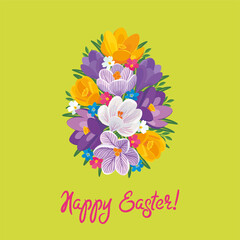 Easter card with a bouquet of yellow, purple and white blooming crocuses, decorated in the form of an egg. Vector illustration, poster, banner, creative concept