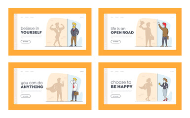 Employee Characters Dream to Be Wealthy Landing Page Template Set. Businesspeople Look at Shadow on Wall Imagine Success