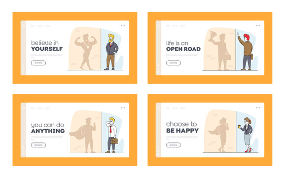 Employee Characters Dream to Be Wealthy Landing Page Template Set. Businesspeople Look at Shadow on Wall Imagine Success