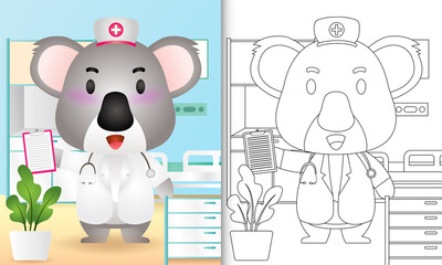coloring book for kids with a cute koala nurse character illustration