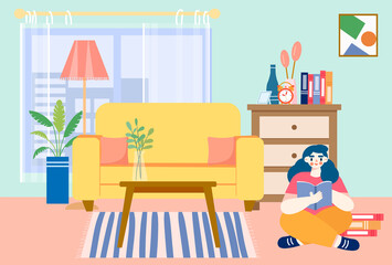 An illustration of a girl sitting in her living room reading and studying