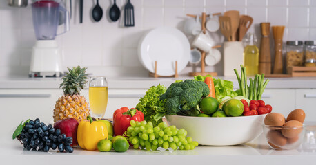healthy and vegetarian foods background and banner for vegan in kitchen