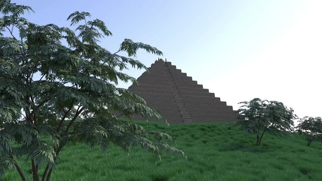 camera rotating rapidly around Pyramid with landscape of trees and grass, 3d scene